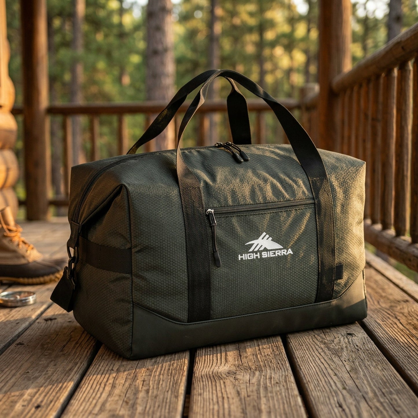High Sierra x Atley James Honeycomb Duffel green - cabin lifestyle
