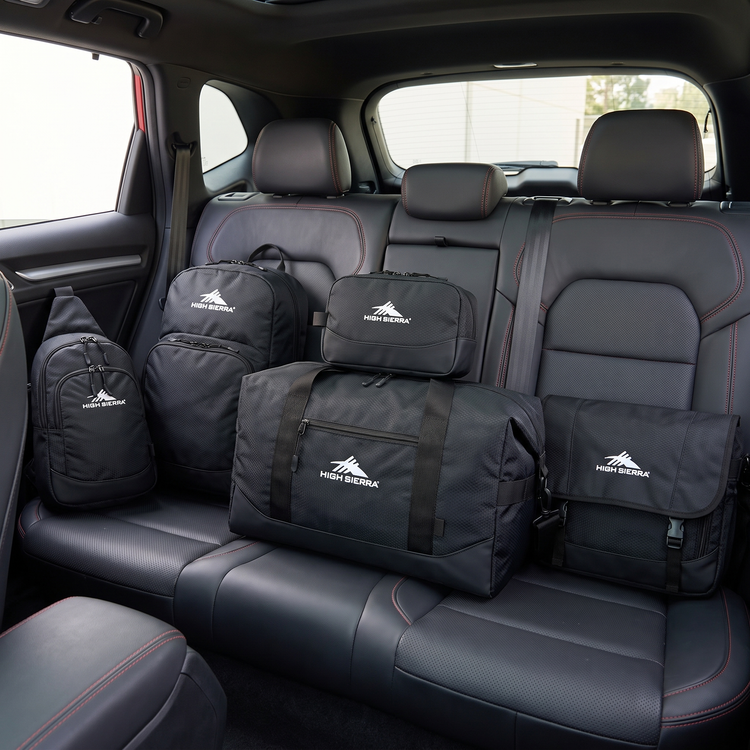 High Sierra x Atley James black Honeycomb travel bag collection