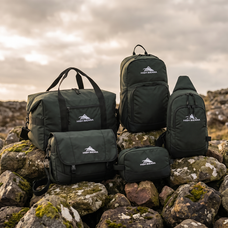 High Sierra x Atley James green Honeycomb travel bag collection