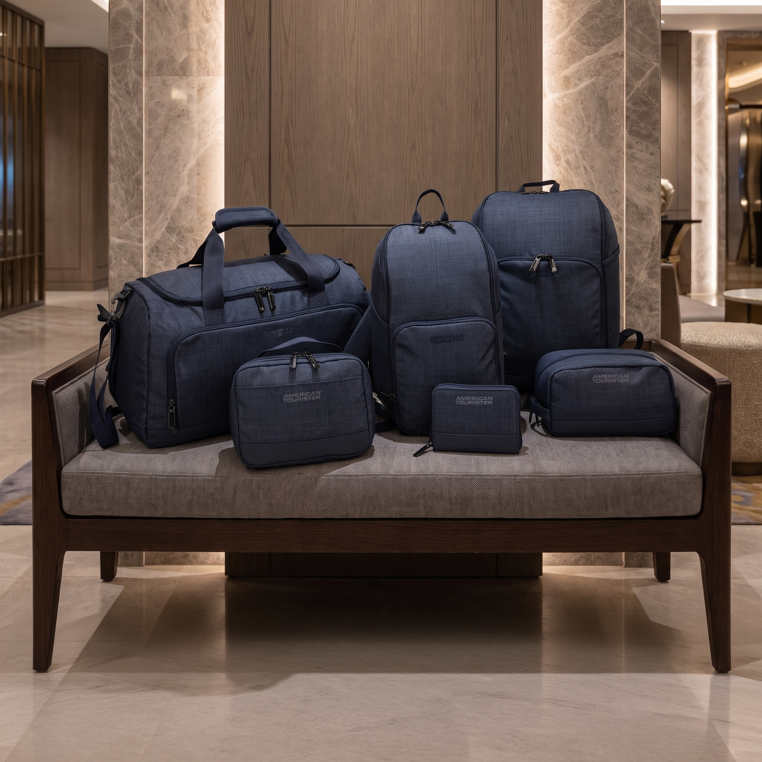 American Tourister x Atley James navy travel bag collection