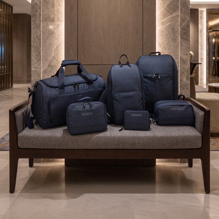 American Tourister x Atley James navy travel bag collection