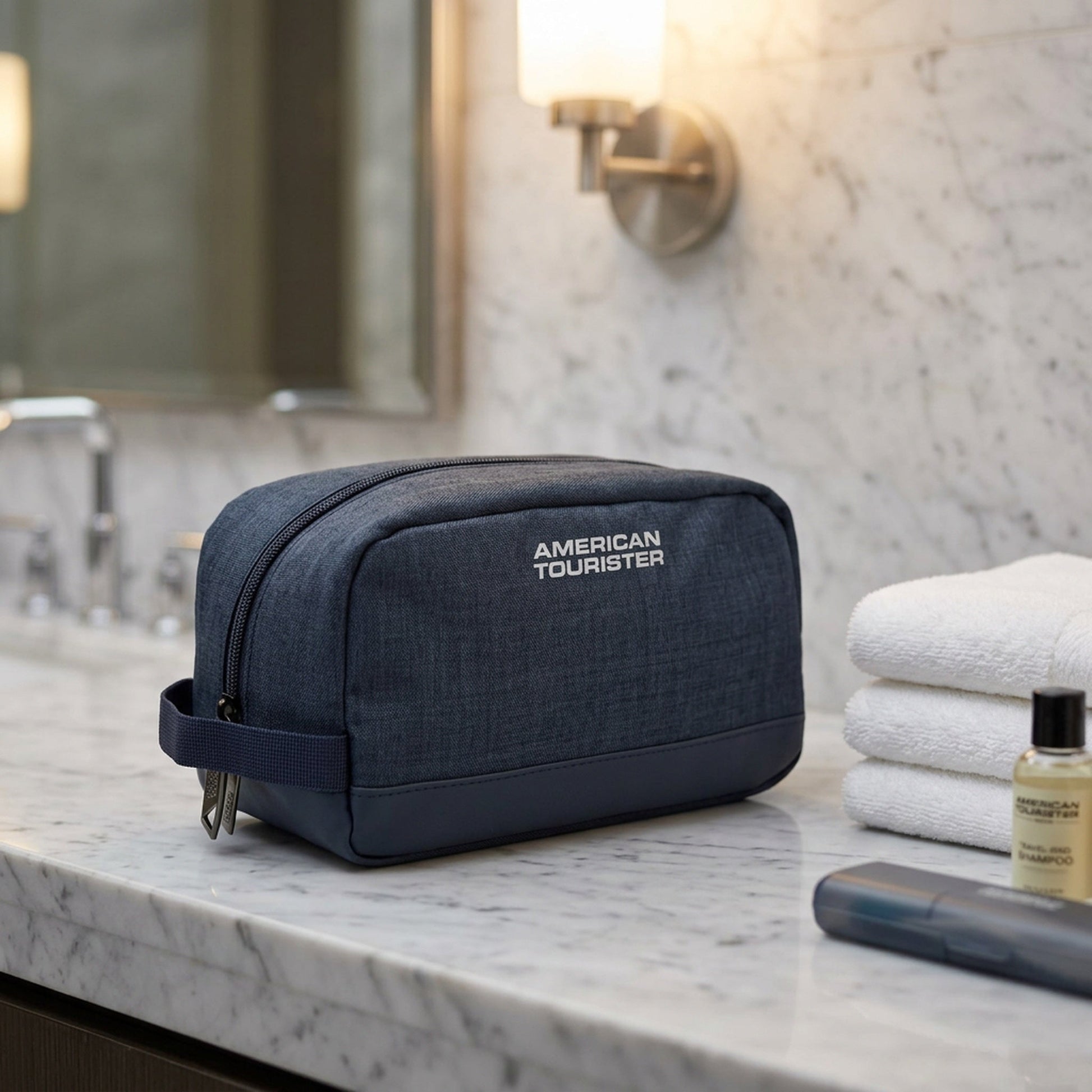 American Tourister x Atley James Toiletry Bag navy - hotel lifestyle